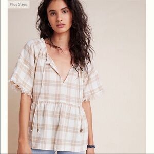 Anthropologie Pilcro Beige Linen Gauze Plaid Bette Babydoll Top Size XS